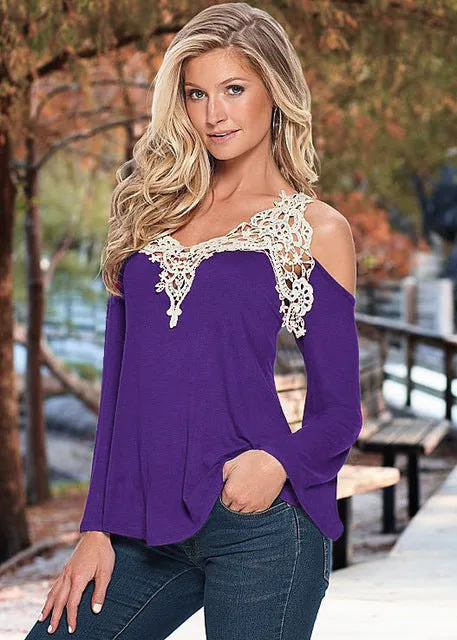 Z&KOZE Newest Fall Women Blouses Lace Sexy Strapless Hollow Out Blusas V-Neck Long Sleeve Tops Elegant Shirt Plus Size 5XL