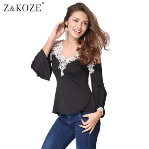 Z&KOZE Newest Fall Women Blouses Lace Sexy Strapless Hollow Out Blusas V-Neck Long Sleeve Tops Elegant Shirt Plus Size 5XL